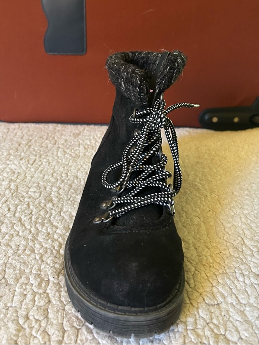 Crown Vintage Black Suede Lace-Up Ankle Boot with Knit Collar